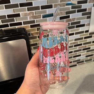 16 oz glass cup with a fun UVDTF Christmas design 🎁 free gift bag for the cup 🎁